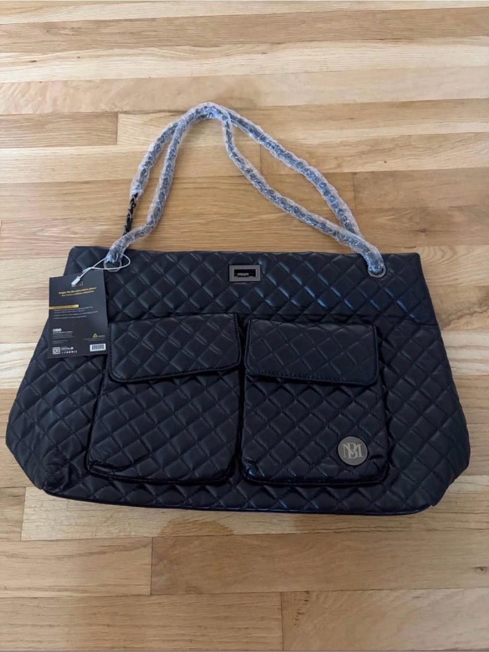 Quilted Black Tote Bag with Front Pockets